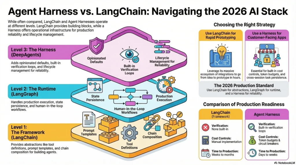 agent harness vs langchain comparison infographic